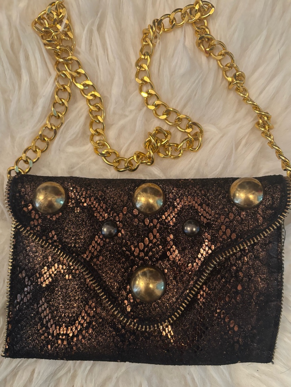 Metallic Black & Bronze Studded Crossbody Bag with Gold Chain